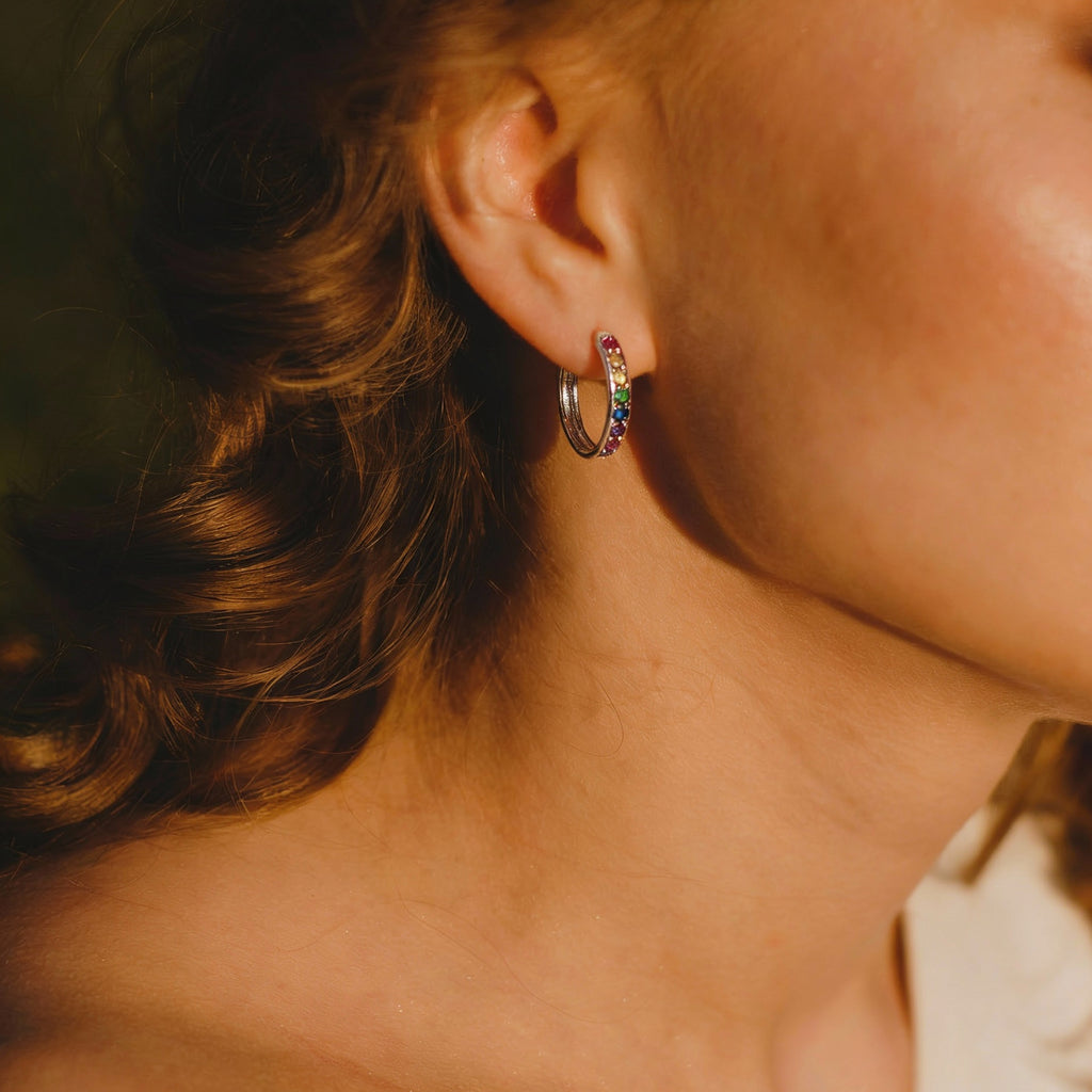 KIT 3 Brincos Prata argolas com pedras coloridas