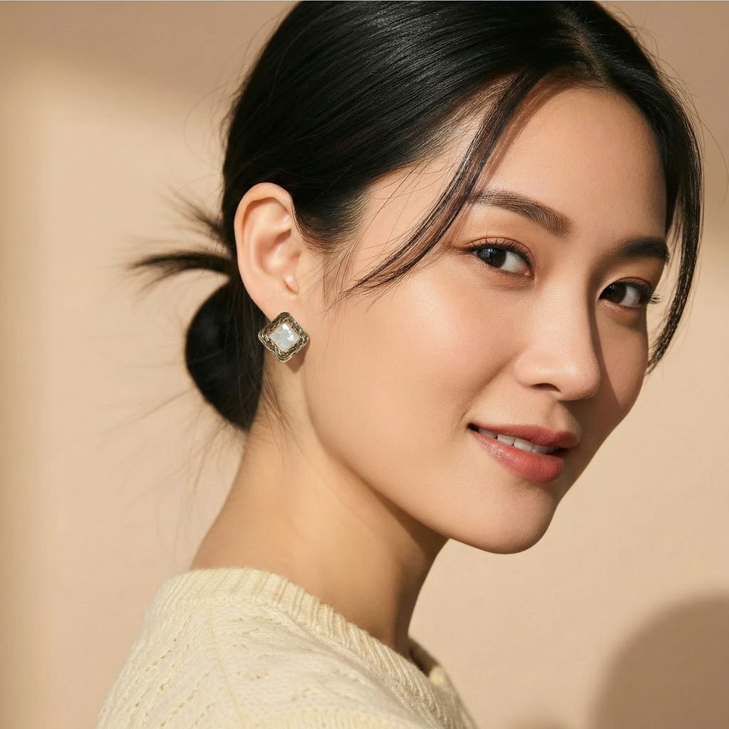 Brinco Dourado e Branco Quadrado texturizado com centro marmorizado