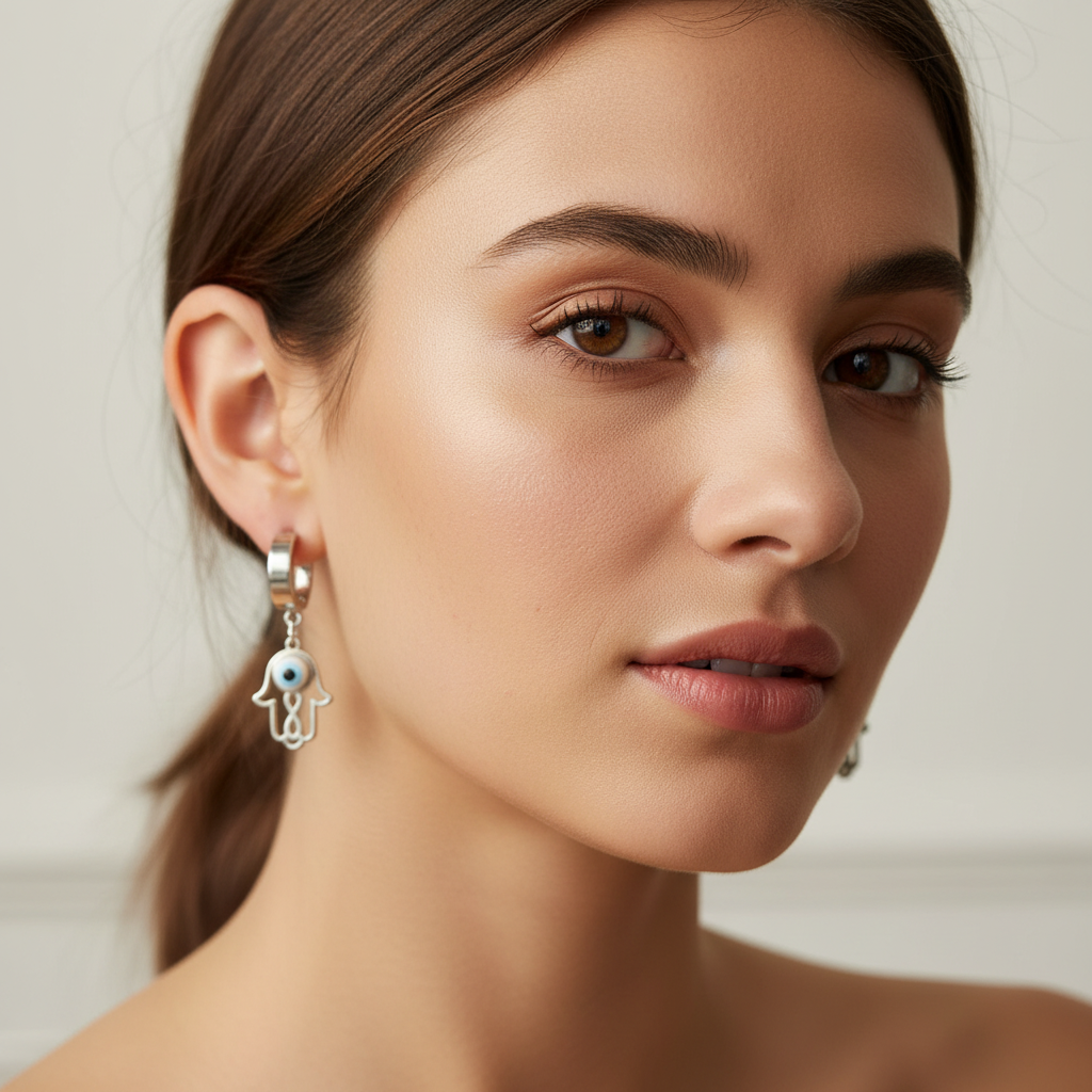 KIT 3 Brincos Prata de Aço 316L com Mão de Fátima e Olho Grego