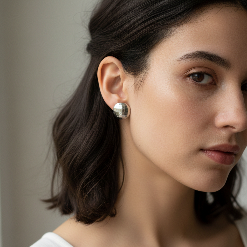 Brinco Prata Redondo Facetado em Aço Inoxidável 316L