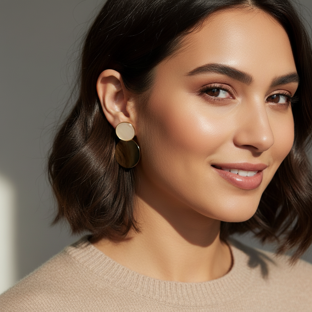 Brinco Dourado e Off-white base circular com resina e pingente metal liso