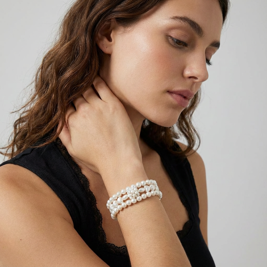 Pulseira Pérola Multi-Voltas com contas de coração