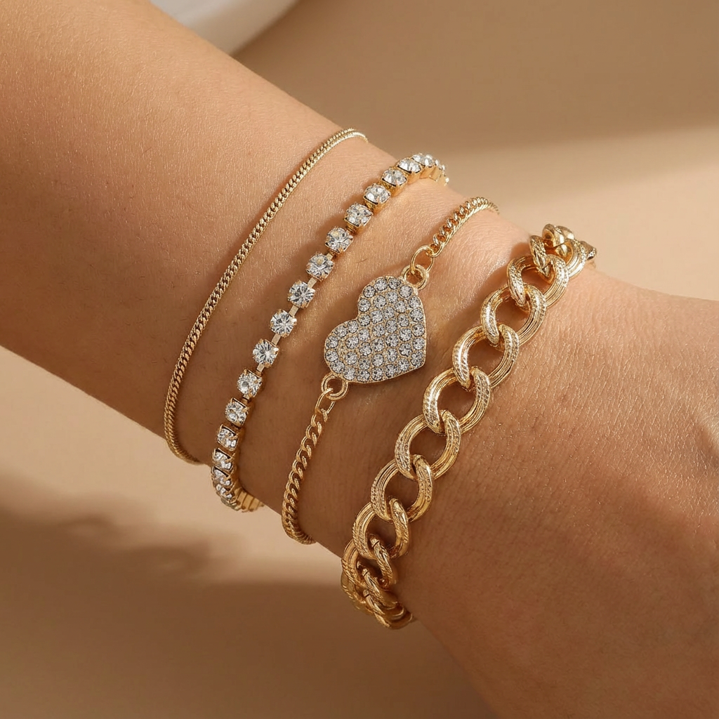 Kit 4 Pulseiras Douradas com strass e pingente de coração