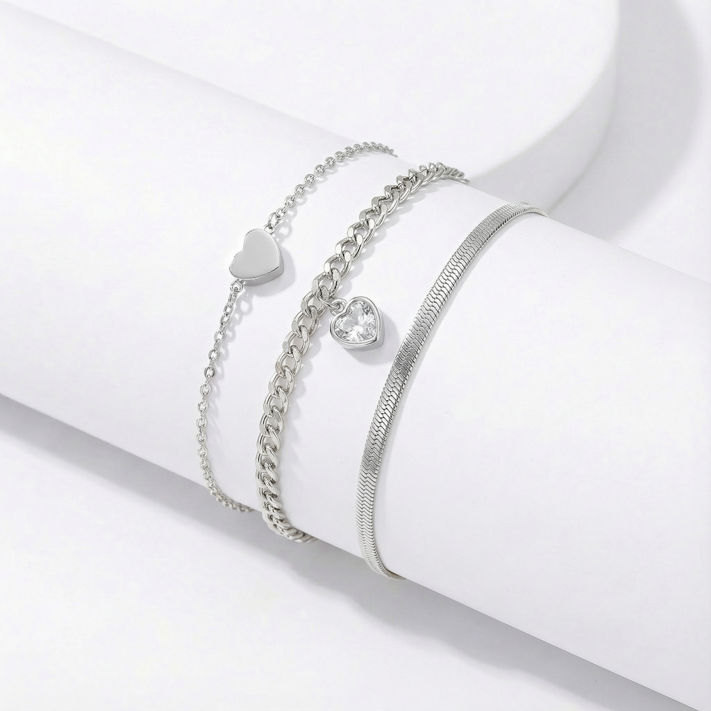 Kit 3 Pulseiras Prata em aço inoxidável com pingentes de coração