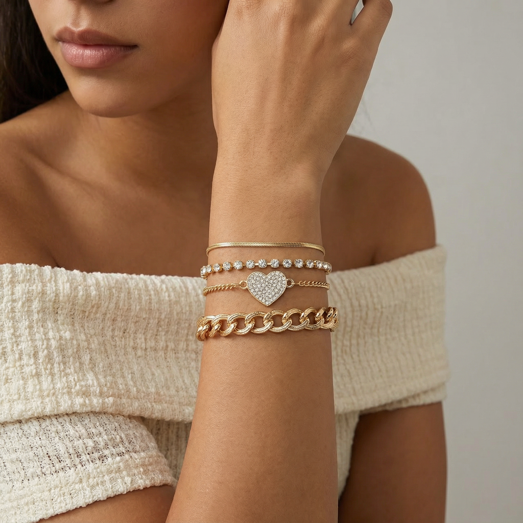 Kit 4 Pulseiras Douradas com strass e pingente de coração