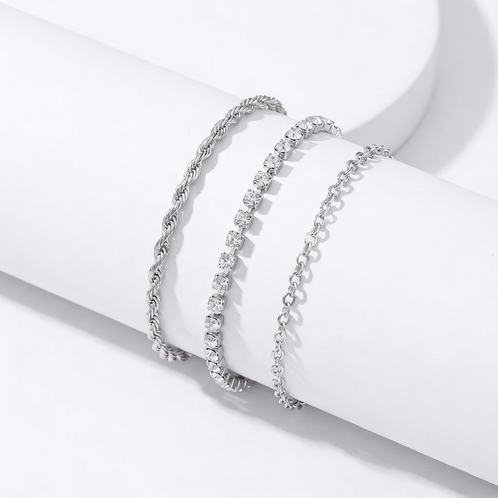 Kit 3 Pulseiras com strass em aço inoxidável 316L