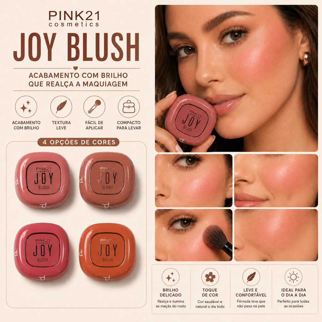 Blush Compacto Joy Pink 21 Efeito Glow Iluminado Maquiagem Natural