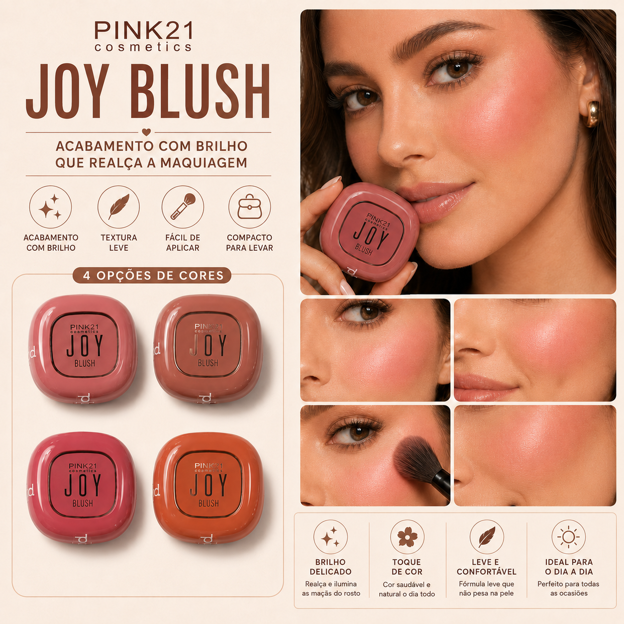 Blush Compacto Joy Pink 21 Efeito Glow Iluminado Maquiagem Natural