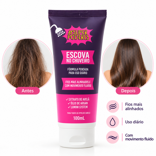 Escova de Chuveiro Super Poderes Controle de Frizz Alinhamento Capilar 100ml