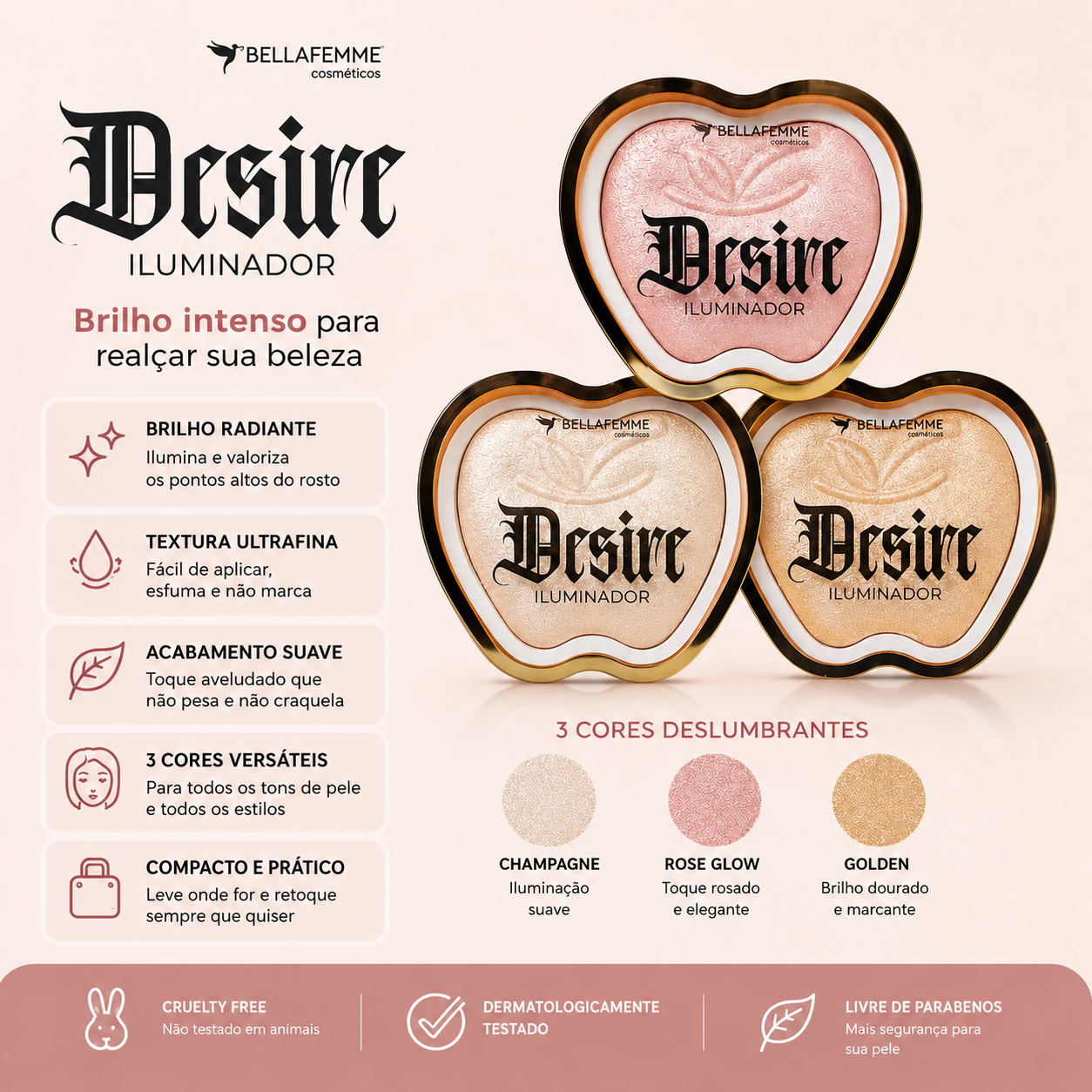 Iluminador Facial Bella Femme Desire Brilho Intenso Efeito Glow