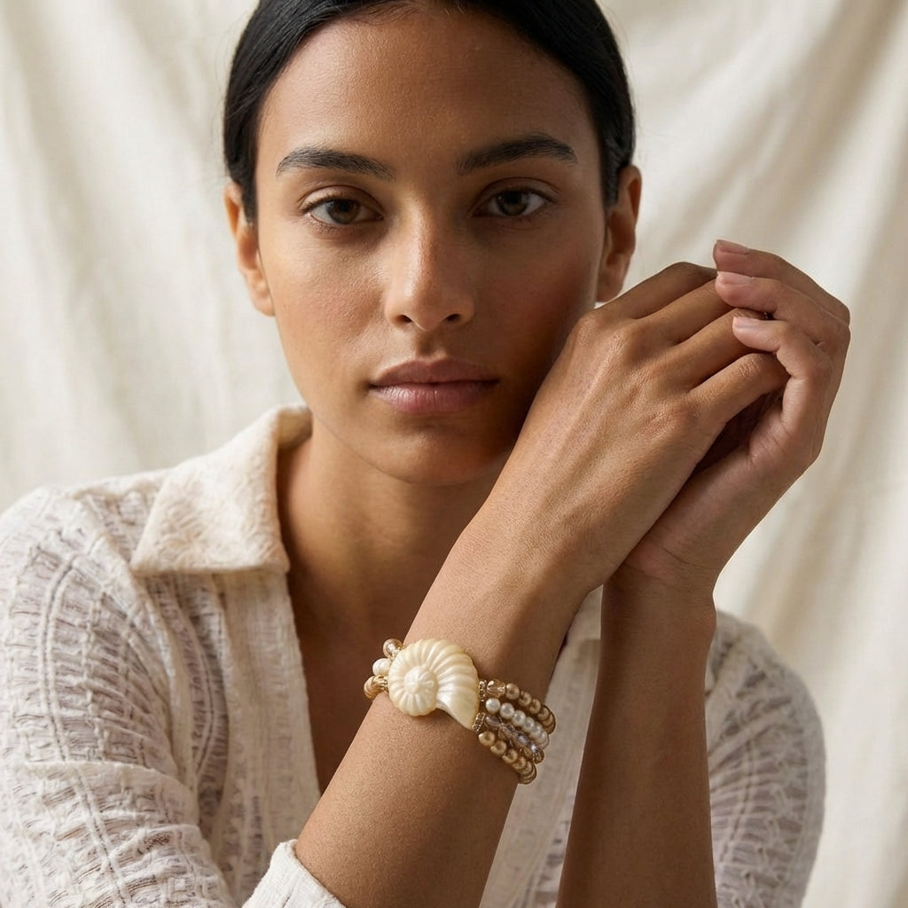 Pulseira Dourado e Pérola com detalhe de concha