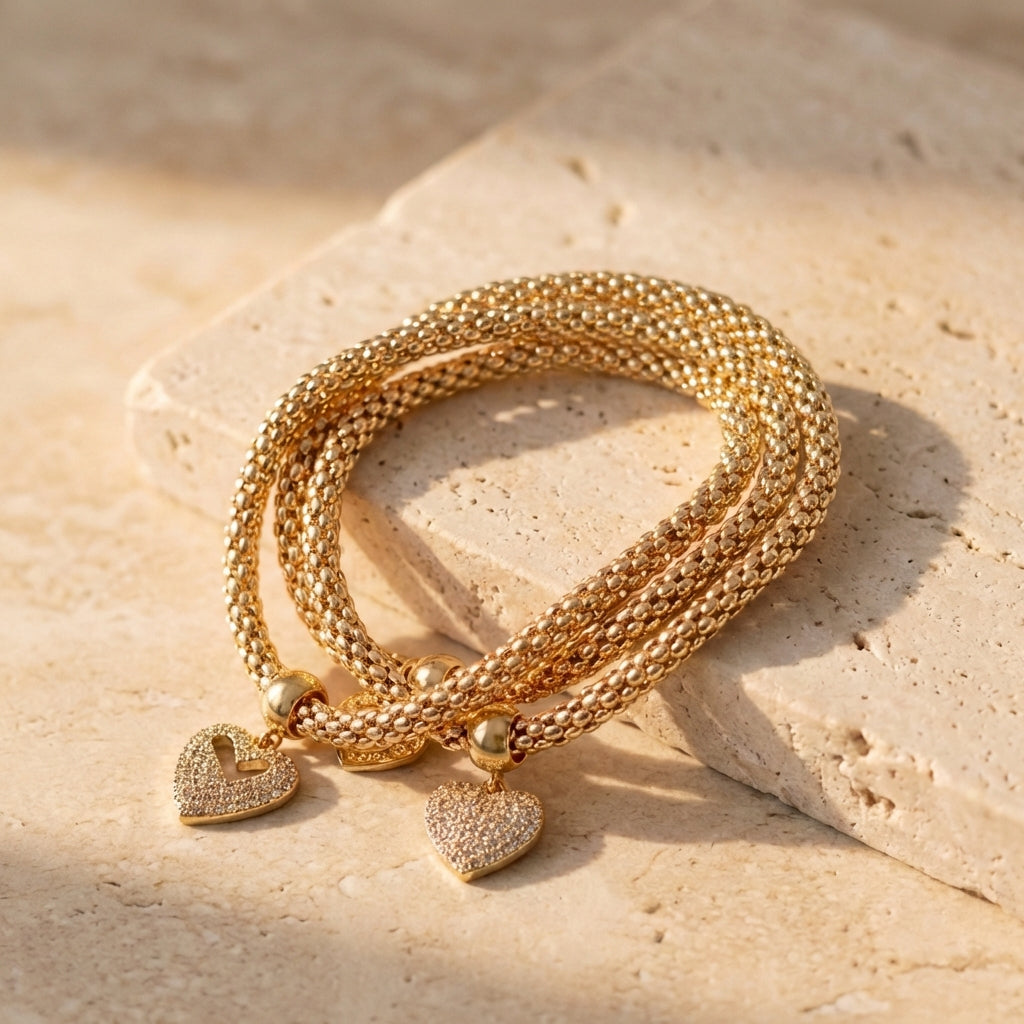 Conjuntos de Pulseiras Douradas com pingentes de coração e strass