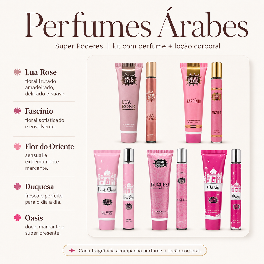 Kit Feminino Perfume Árabe Super Poderes + Loção Corporal Perfumada Fragrâncias Variadas