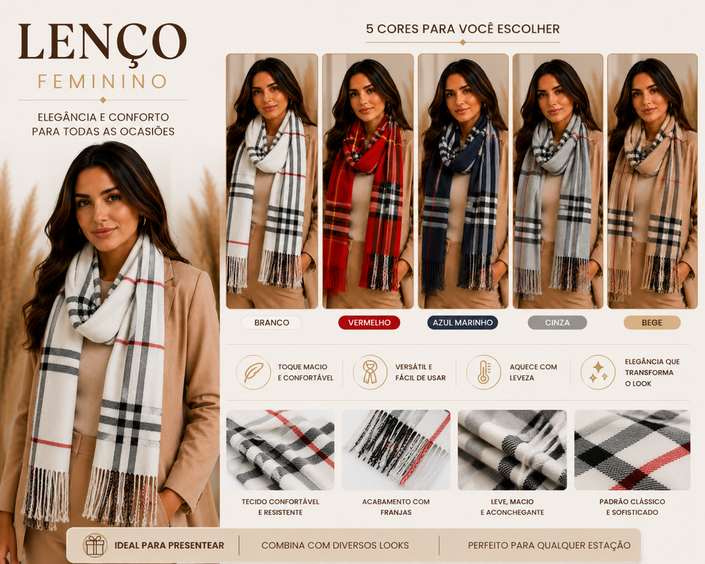 Cachecol Estampado Clássico Elegante Com Franjas 170x30cm